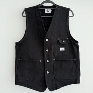 Vintage Calvin Klein Denim Vest Mens Small Black Utility Cargo USA Made 90s Y2K